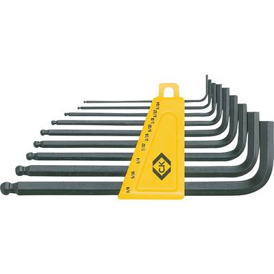 'Jeu de dix clés Allen de différentes tailles, rangées du plus petit au plus grand, dans un support jaune avec indication des dimensions.'