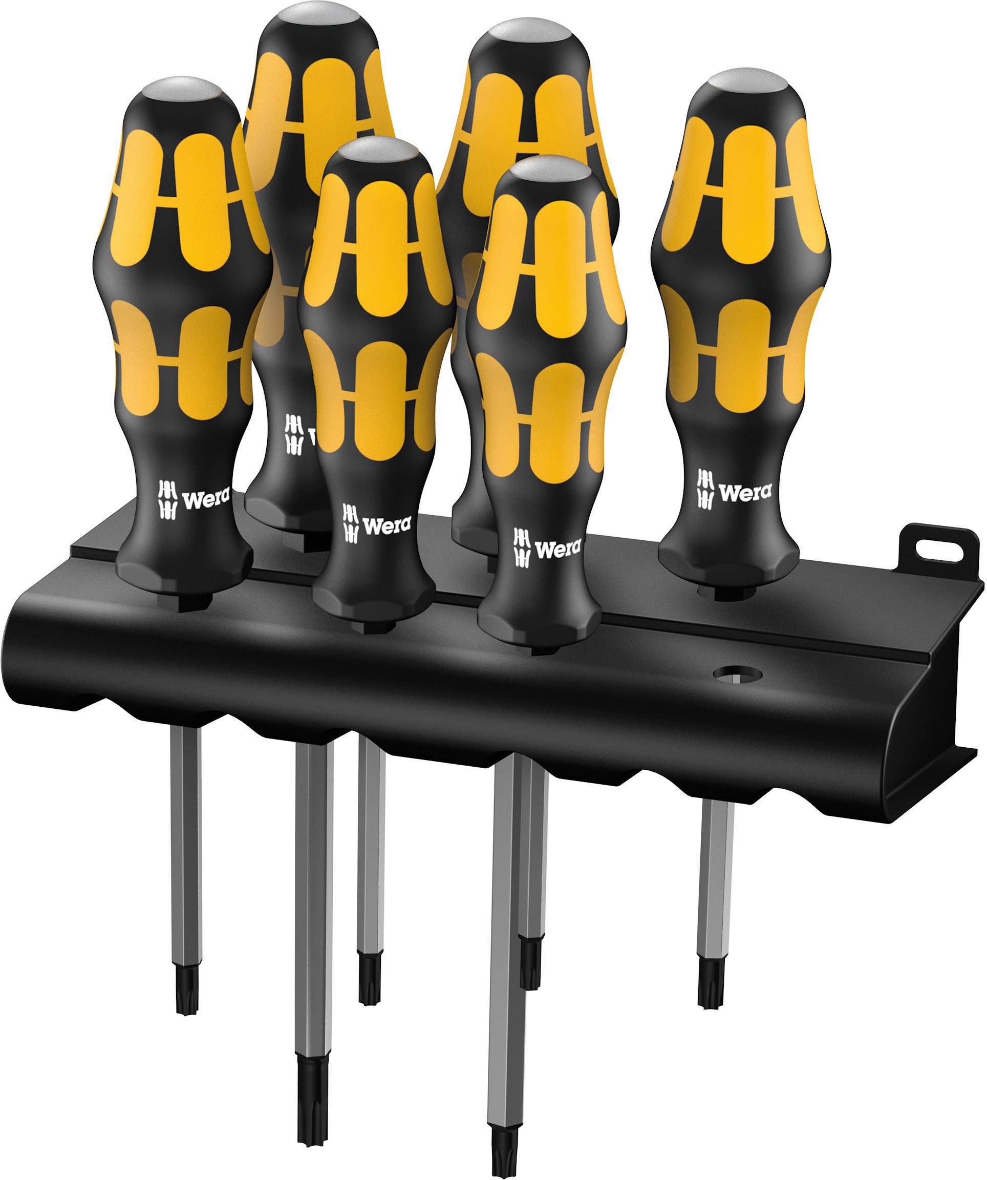 Ensemble de tournevis à six pièces avec poignées ergonomiques en noir et orange, monté sur un support noir pour fixation murale.