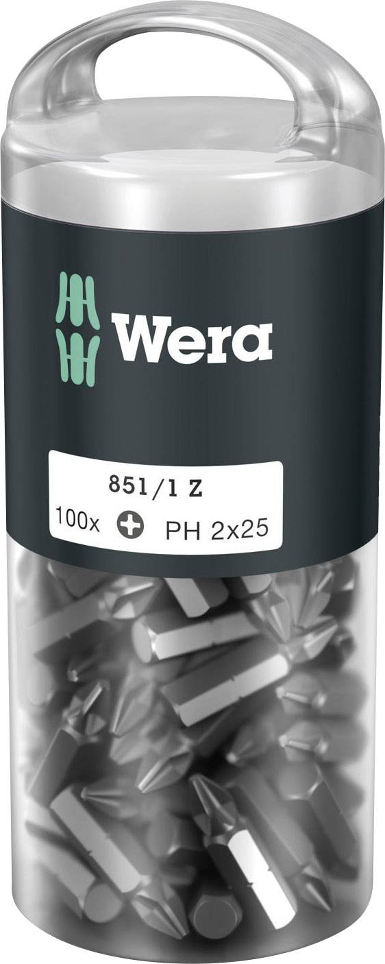 Tube en plastique de Wera contenant 100 embouts cruciformes (PH 2x25) pour tournevis, avec étiquette noire et logo.
