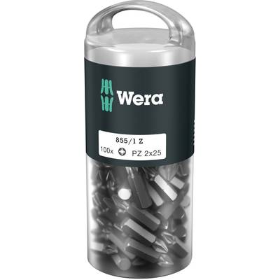 Boîte en plastique transparent contenant 100 embouts de tournevis noirs de la marque Wera, type PZ 2x25.