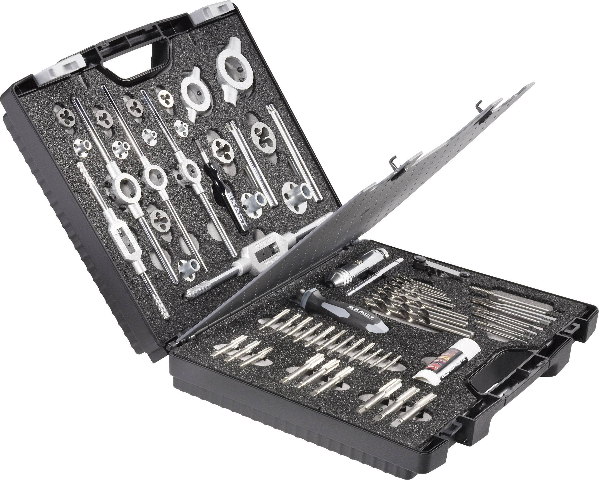 Une boîte à outils ouverte contenant divers outils de vissage, des forets et un tournevis.