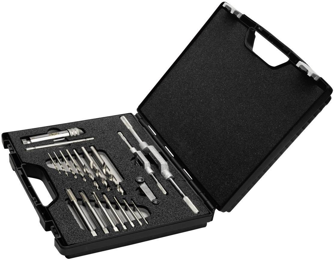 Coffret noir ouvert contenant un ensemble de différentes mèches et embouts de vissage, réparti dans plusieurs compartiments.