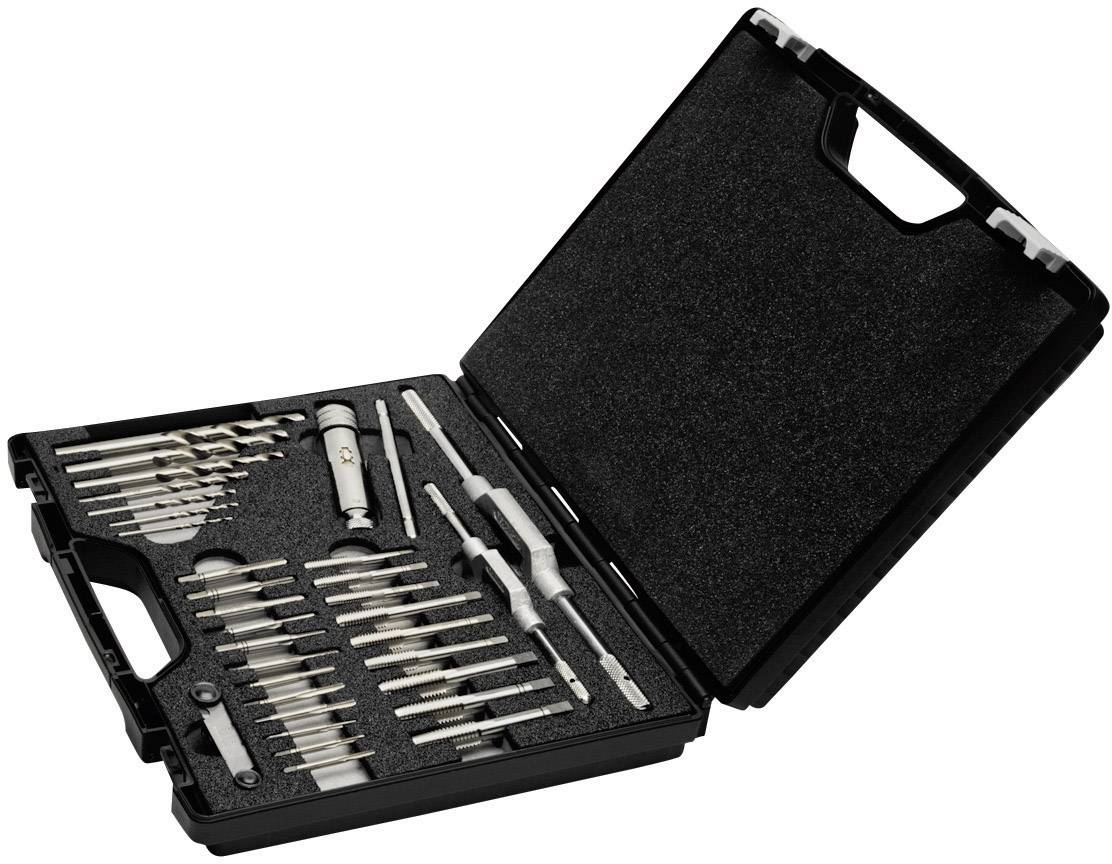 Une boîte à outils noire ouverte contenant divers forets et accessoires, soigneusement rangés dans des supports en mousse moulée.
