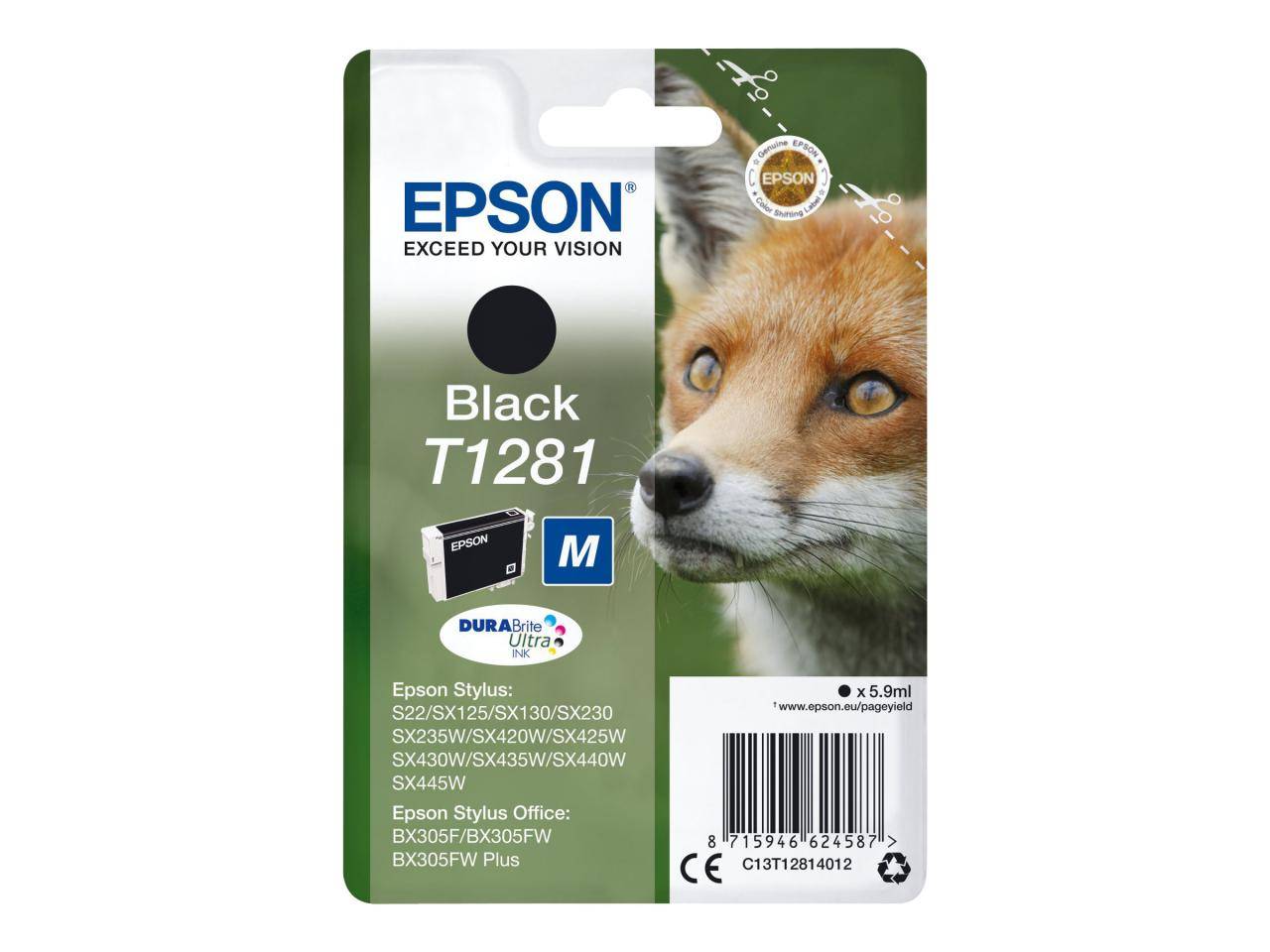 Epson Fox Singlepack Black T1281 DURABrite Ultra Ink, Noir, Encre à pigments, 5,9 ml, 1 pièce(s), 185 pages-1