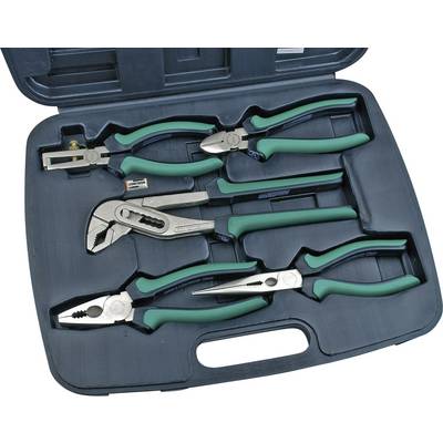 Une boîte à outils contenant quatre pinces différentes : une pince à étaux, une pince multifonction, un coupe-câble et une pince à dénuder, toutes pourvues de poignées vertes.