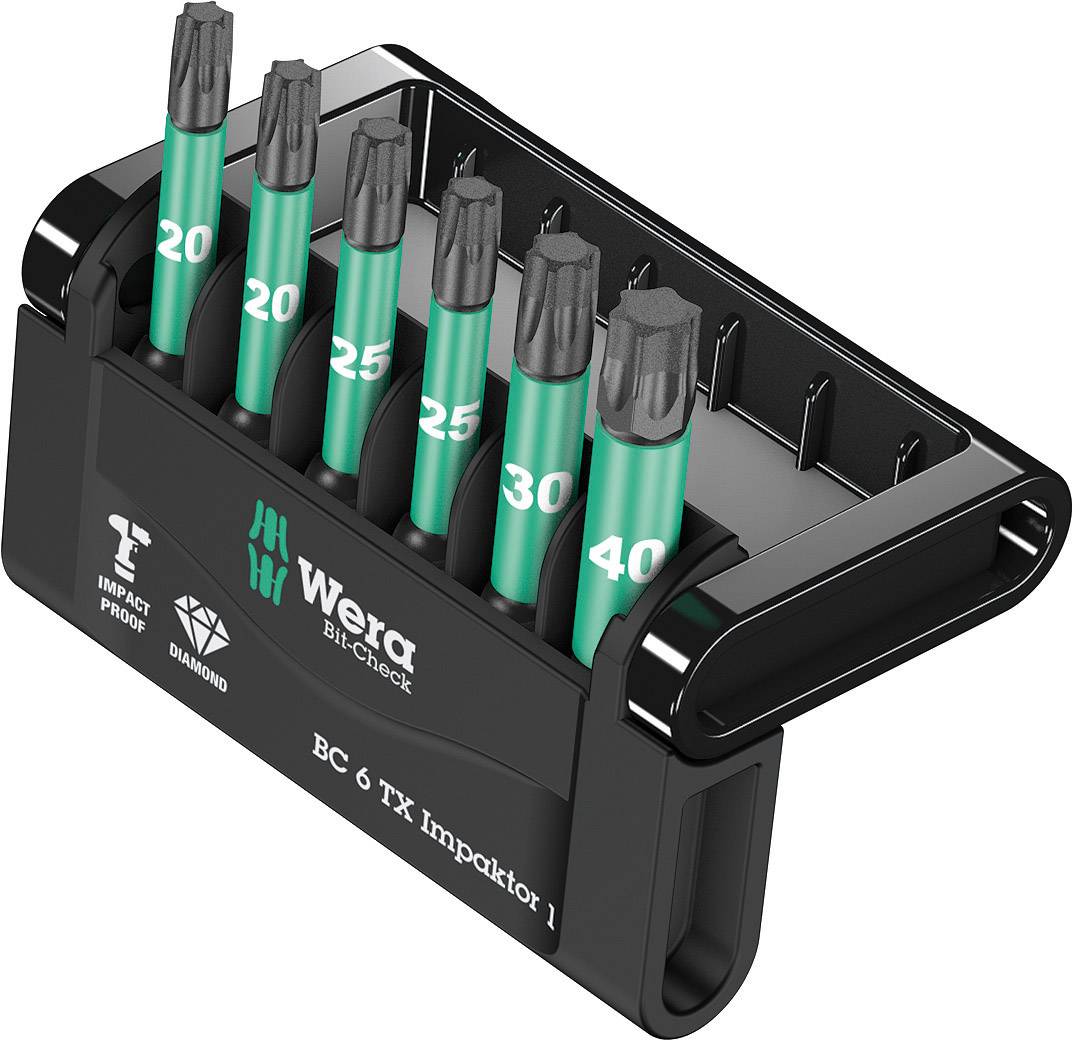 Un jeu d'embouts Wera comprend six embouts Torx verts de tailles 20, 25, 30, 40. Le support est noir et marqué 'Impact Proof' et 'Diamond'.