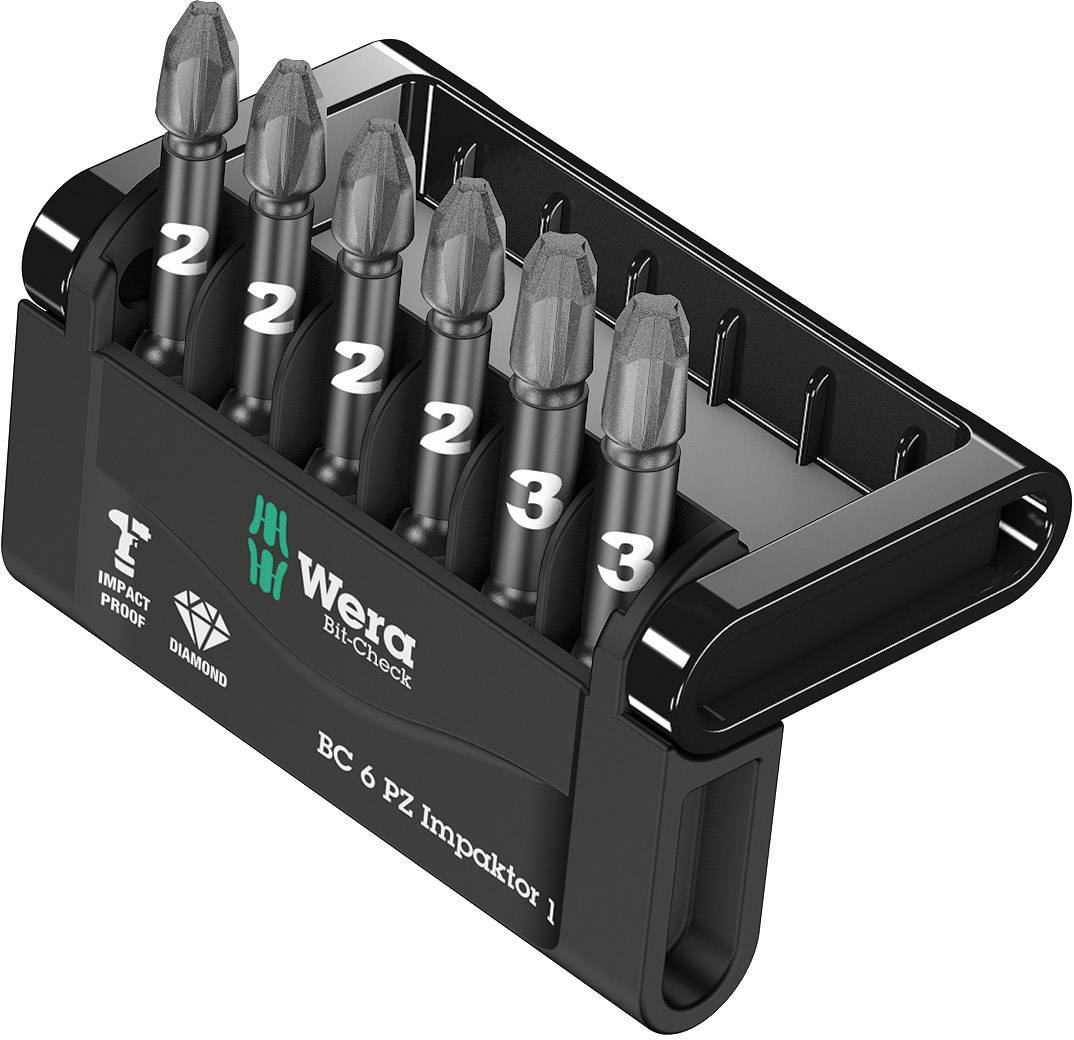Ensemble de six embouts de tournevis dans un support noir, marqués des numéros 2 et 3, de la marque Wera.