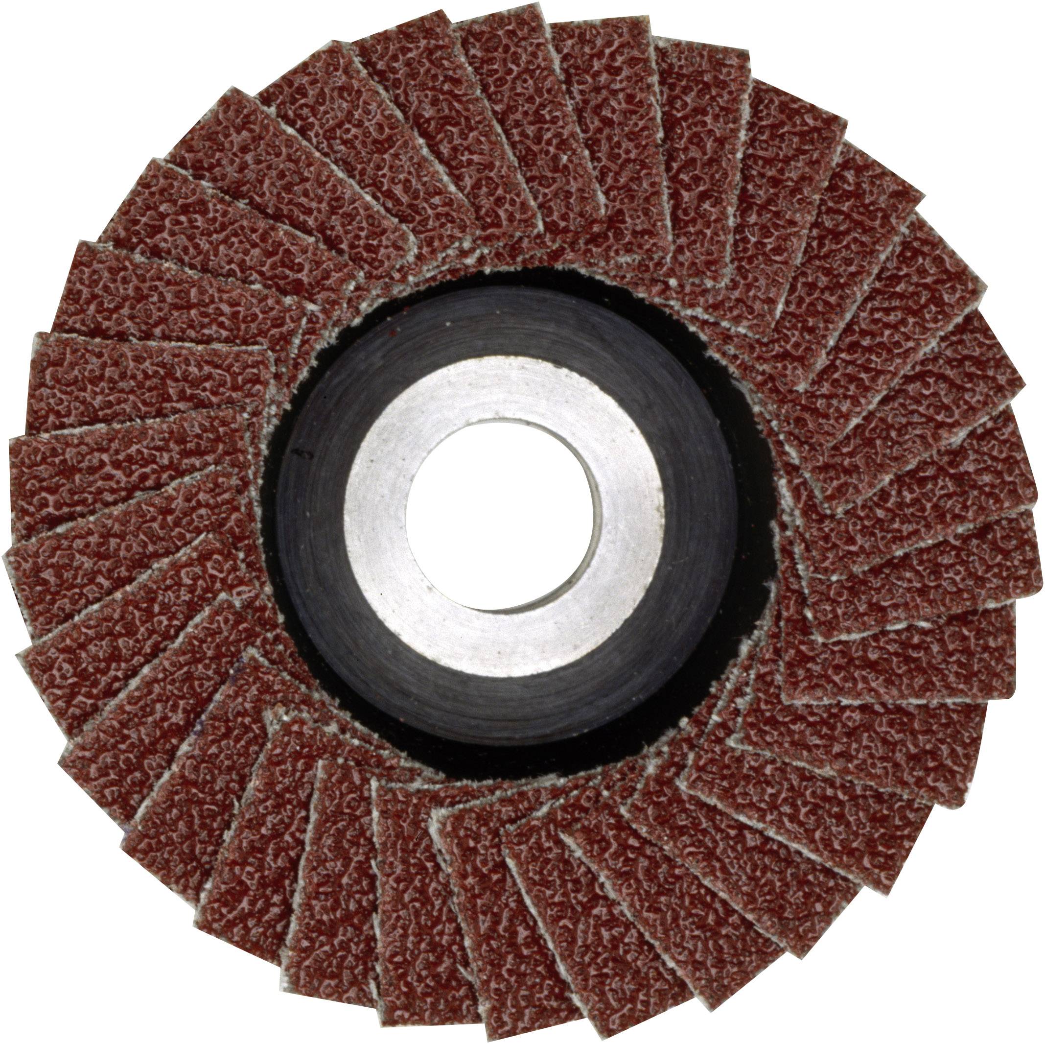 'Disque de meulage avec des lamelles abrasives disposées radialement, trou central pour le montage sur une machine à meuler, de couleur brun-rouge.'