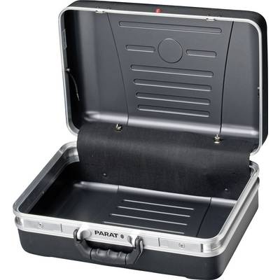 Un coffret à outils noir ouvert et vide. Le coffret a un bord argenté et une poignée sur laquelle est inscrit « PARAT ».