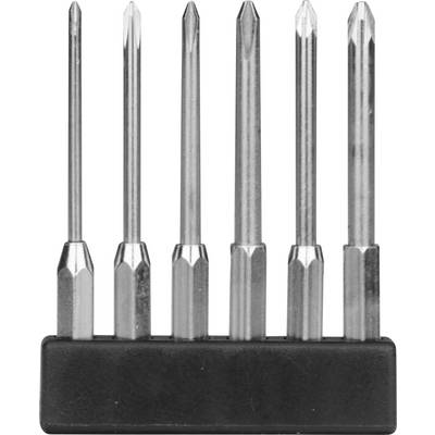 Six embouts de tournevis différents rangés côte à côte dans un support noir, adaptés à divers types de vis.