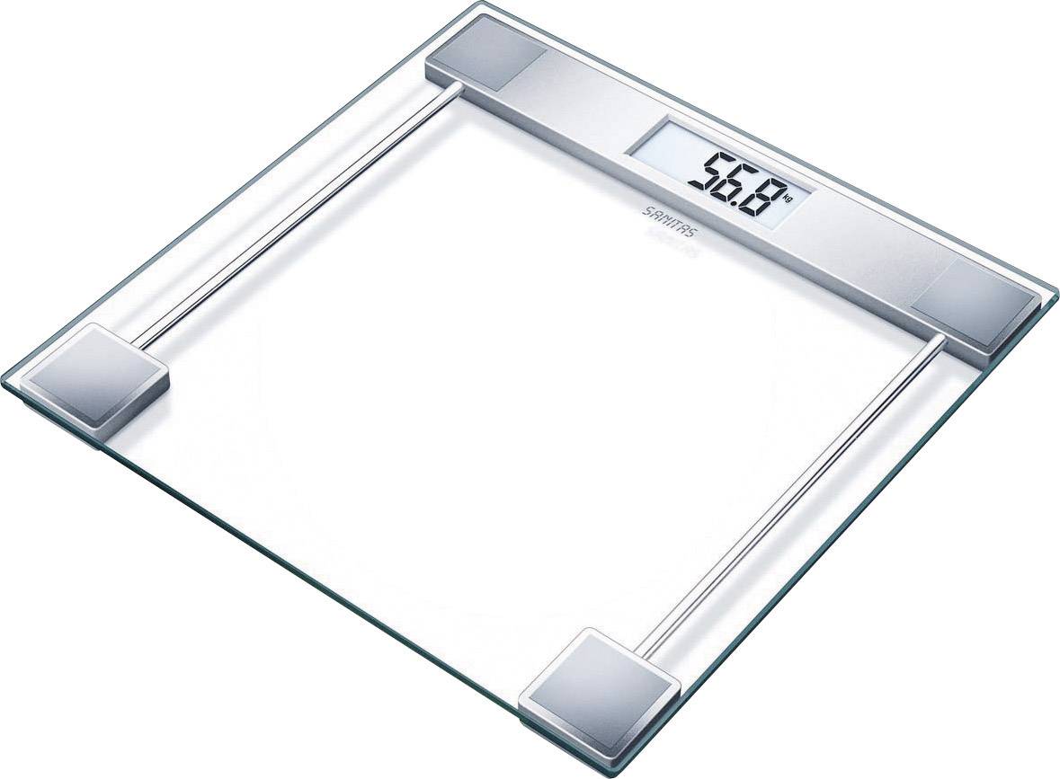 Balance numérique avec surface en verre affichant un poids de 56,8 kg sur l'écran.