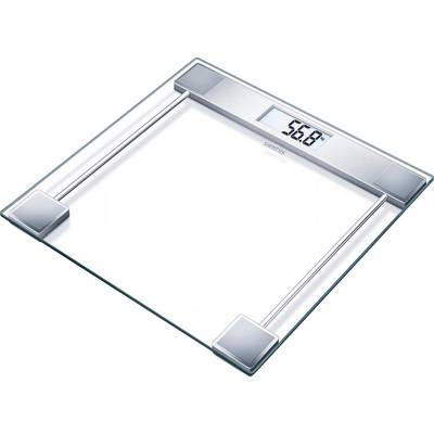 Balance numérique avec surface en verre affichant un poids de 56,8 kg sur l'écran.