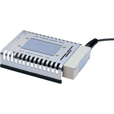 Appareil électronique métallique avec des fentes de ventilation et un câble, probablement un ventilateur ou un dispositif de refroidissement.