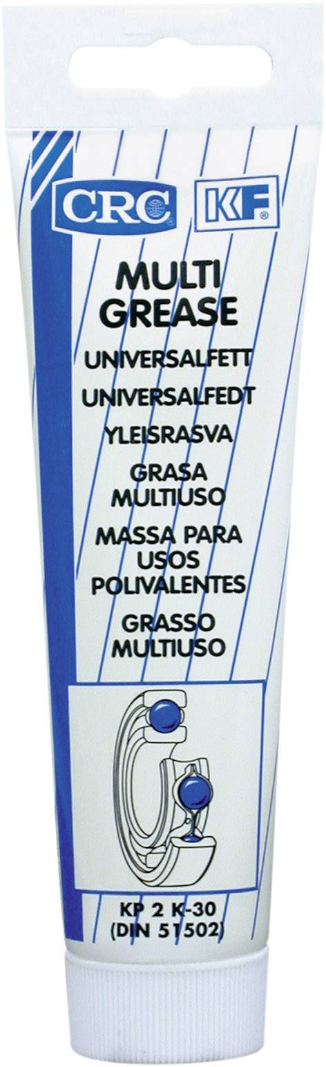 Un tube de "CRC KF Multi Grease", graisse universelle. Texte en plusieurs langues. Image d'un engrenage en bas du tube.