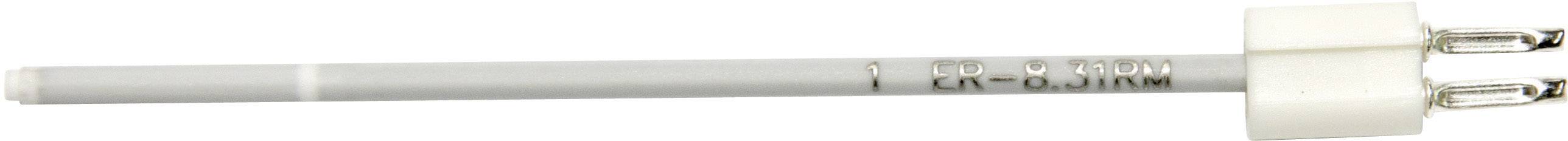 Un capteur long, fin et gris avec deux connexions métalliques, probablement un capteur de température ou d'humidité, sur un fond blanc.