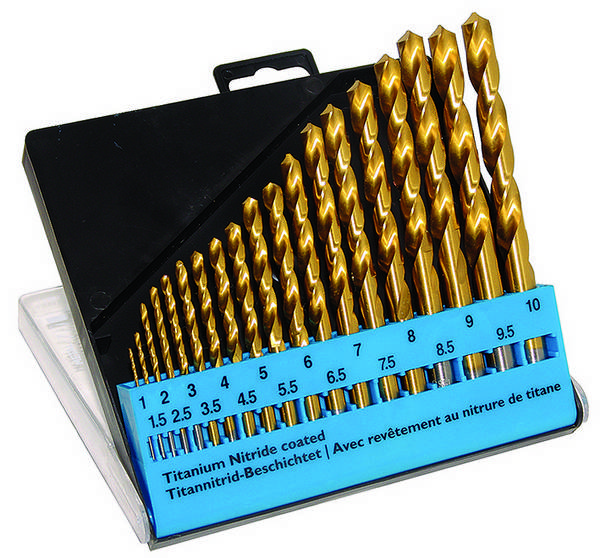 C.K T3291  HSS Jeu de forets pour le métal 19 pièces 1 mm, 1.5 mm, 2 mm, 2.5 mm, 3 mm, 3.5 mm, 4 mm, 4.5 mm, 5 mm, 5.5 mm, 6 mm, 6.5 mm, 7 mm, 7.5 mm, 8 mm, 8.5 mm, 9.5 mm, 10 mm  TiN DIN 338 tige cylindrique 1 set