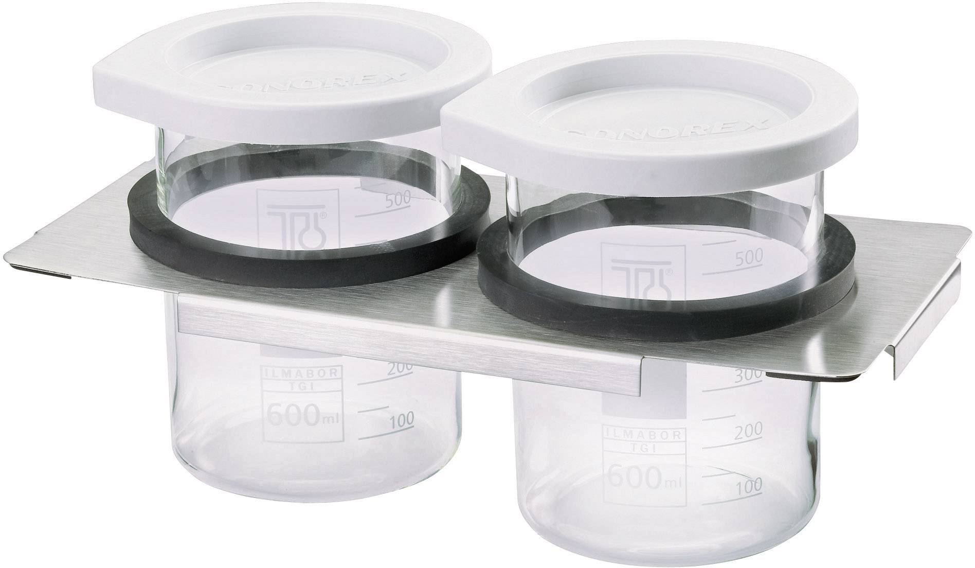 'Deux récipients en verre munis de couvercles blancs en plastique, tous deux comportant des graduations de 100 à 600 ml, sont placés dans un support métallique.'