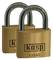 Deux cadenas en laiton portant les inscriptions 'Kasp' et 'Hardened'. Les deux cadenas présentent le même code de série '12540'.