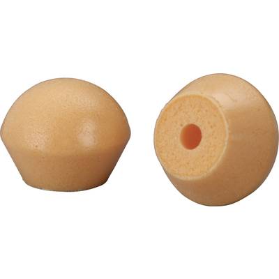 Deux boules en mousse orange avec un trou traversant, probablement utilisées comme bouchons d'oreilles ou éléments d'amortissement.
