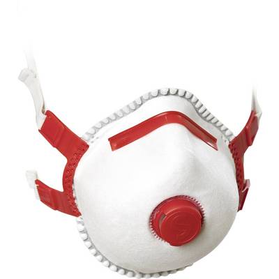 Masque respiratoire avec des rubans rouges et une valve au centre, adapté pour la protection contre la poussière et les particules fines.