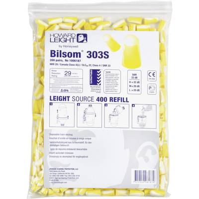Pack de recharges de bouchons d'oreilles jaunes (200 pièces) de Bilsom 303S avec valeurs acoustiques : SNR 33 dB, NRR 29 dB. Mode d'emploi illustré.