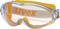 Lunettes de protection avec monture orange transparente, écran transparent et bandeau élastique. Adaptées à la protection des yeux lors de travaux manuels.