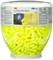 Récipient jaune contenant des bouchons d'oreilles jaunes de 3M, modèle 'E-A-Rsoft Yellow Neons', offrant une réduction du bruit jusqu'à 33 décibels.