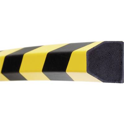 Marquage d'avertissement noir et jaune avec des bandes inclinées, apposé à un angle comme dispositif de protection.