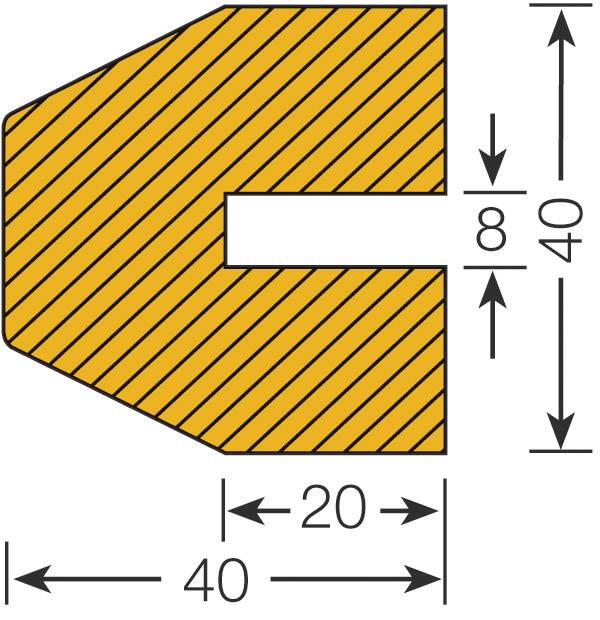 Un objet orange, parallélépipédique, avec un motif rayé en diagonale. Dimensions : 40 de hauteur, 20 de largeur, découpe de 40 de hauteur, 8 de largeur.