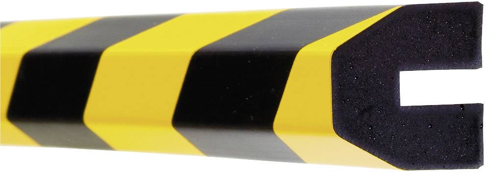 Profil de protection en mousse noir et jaune en forme de U, utilisé comme protection contre les impacts pour les coins ou les bords dans les zones de travail.