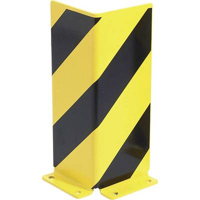 Dispositif de protection jaune avec des bandes noires, utilisé pour sécuriser les coins ou les arêtes dans un environnement industriel.