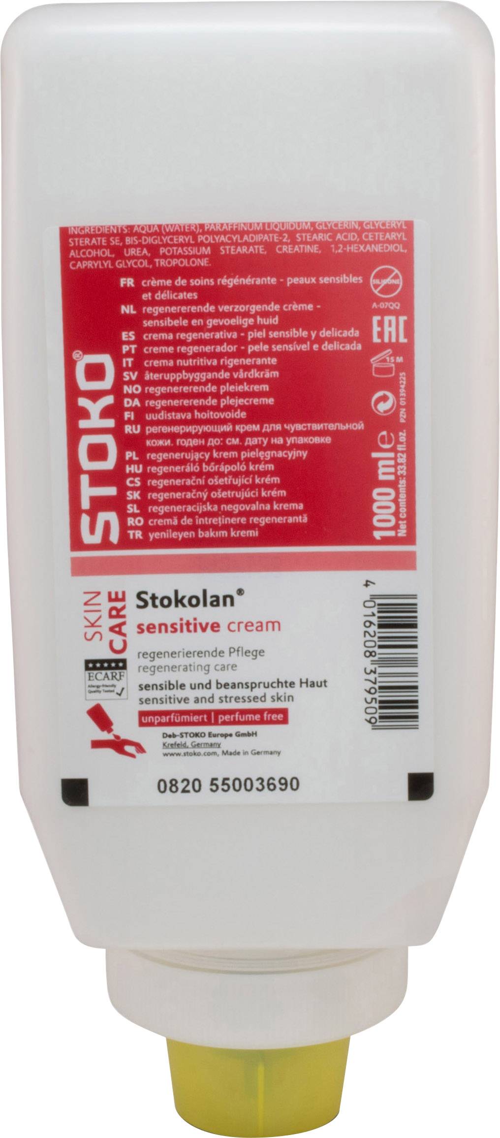 Crème Stokolan sensitive dans un flacon blanc avec une étiquette rouge. Contient 1000 ml. Soin régénérant pour peau sensible.