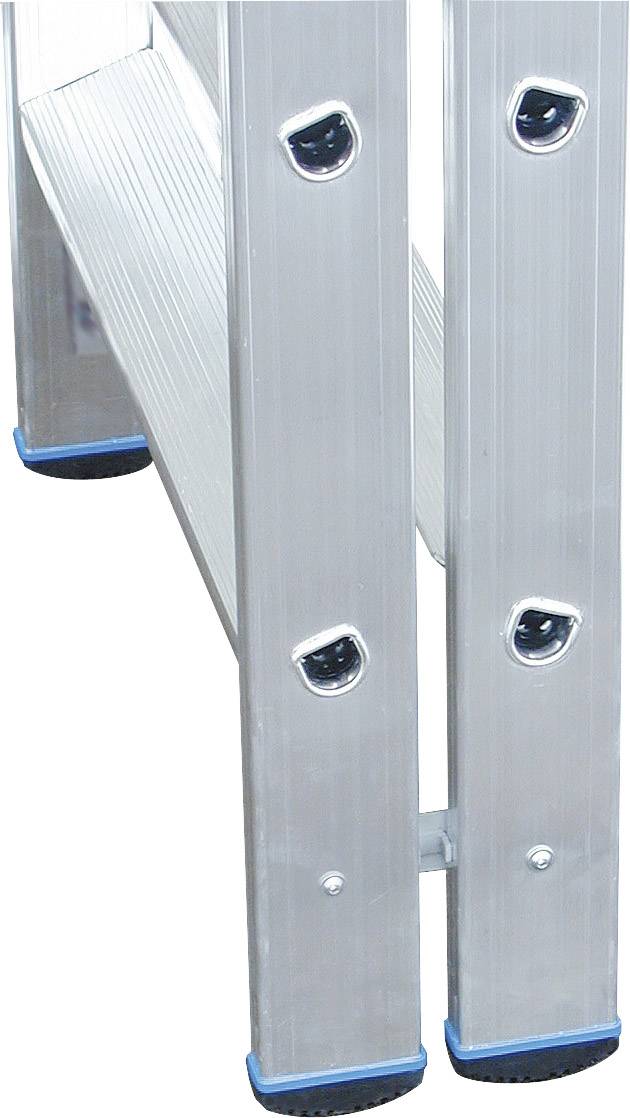 Échelle coulissante, pliable, avec des pieds antidérapants bleus. Convient aux travaux en hauteur, construite de manière stable et robuste.