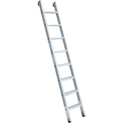 Une échelle en aluminium argenté avec neuf échelons, inclinée vers le haut, sur un fond blanc.