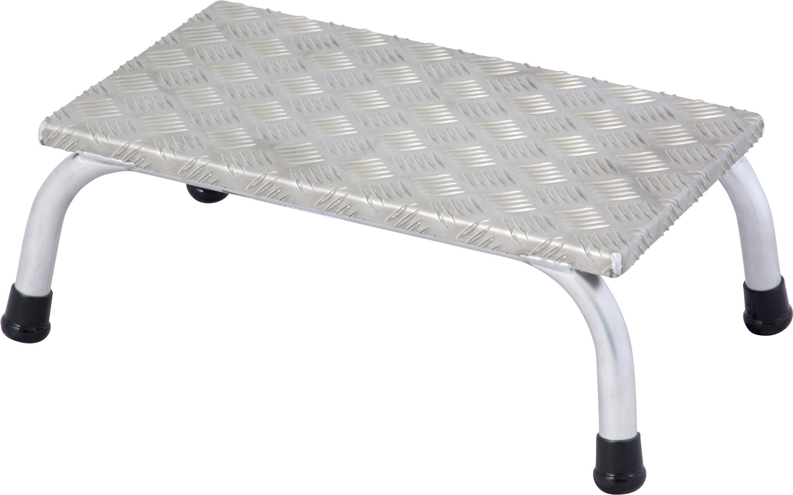 Un marchepied rectangulaire en argent avec une surface antidérapante et quatre pieds en caoutchouc noir.