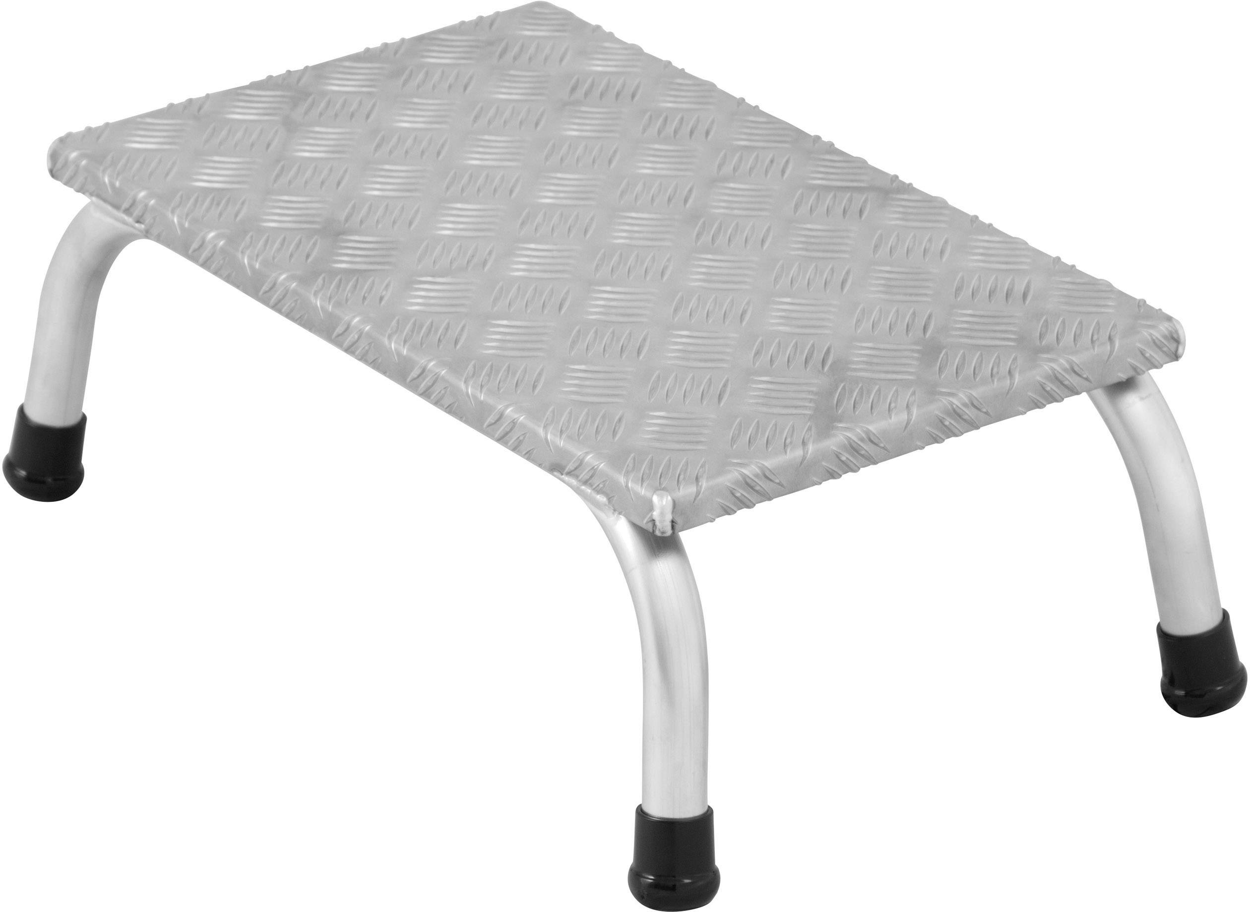 Un petit tabouret marche en métal avec une surface antidérapante et des pieds en caoutchouc noir.