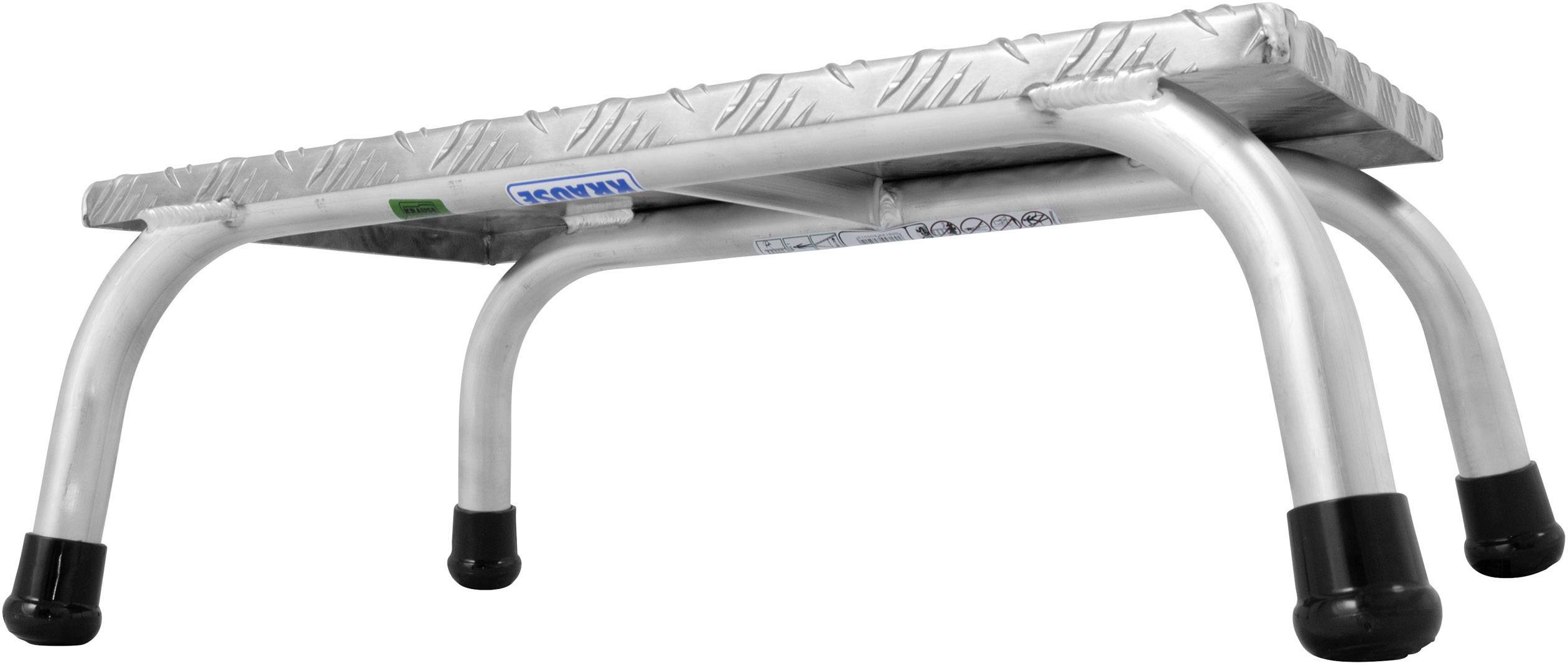 Un petit tabouret d'escabeau argenté avec une surface antidérapante et quatre pieds métalliques stables, adapté aux travaux en hauteur réduite.