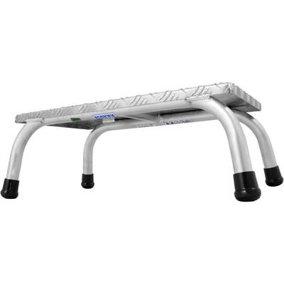 Un petit tabouret d'escabeau argenté avec une surface antidérapante et quatre pieds métalliques stables, adapté aux travaux en hauteur réduite.