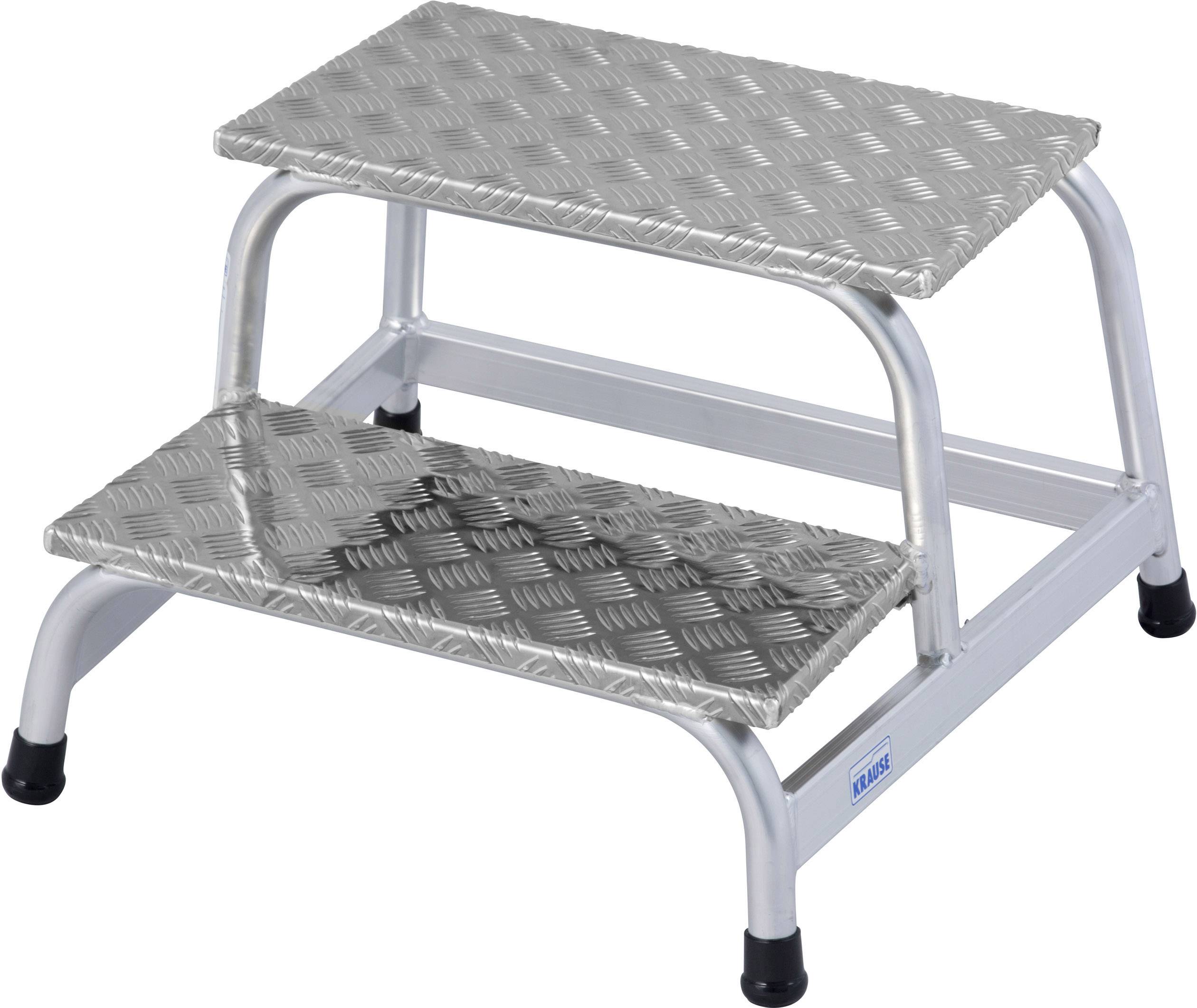 Échelle à deux marches en aluminium avec revêtement antidérapant en tôle striée et pieds en caoutchouc pour une stabilité et une sécurité optimales.