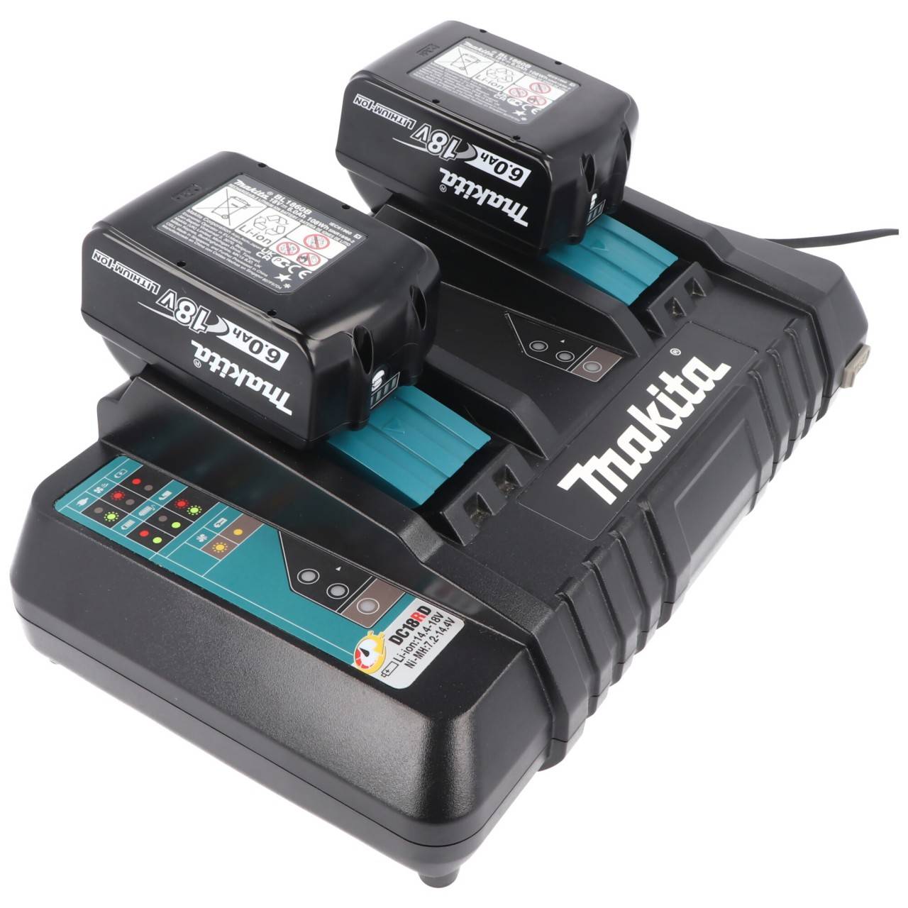 Double chargeur rapide Makita DC 18 RD à 2 baies de 7,2 volts à 18 volts pour 2 batteries Li-ion NiMH, avec sortie USB-1