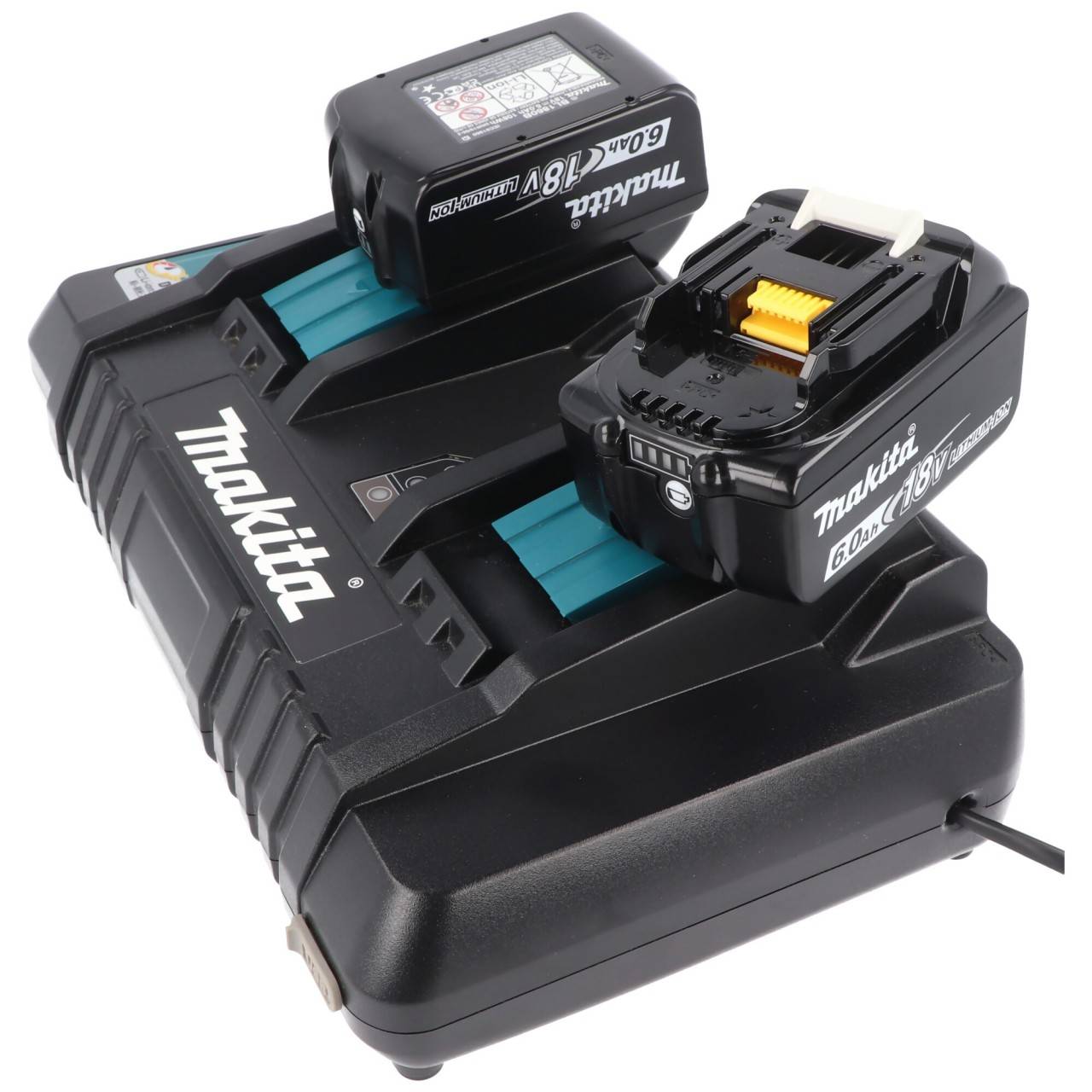 Double chargeur rapide Makita DC 18 RD à 2 baies de 7,2 volts à 18 volts pour 2 batteries Li-ion NiMH, avec sortie USB-3