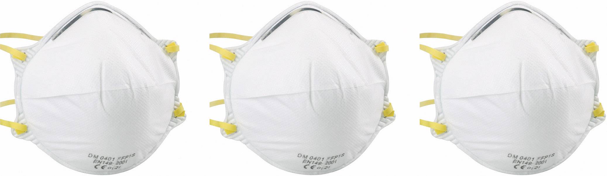 Trois masques respiratoires blancs et ronds, disposés côte à côte, avec des attaches jaunes.