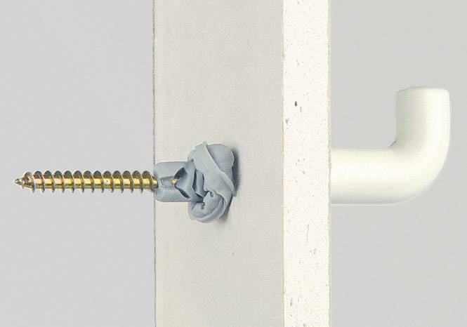 Vis fixée avec un chevillet dans un mur ; un crochet de l'autre côté. Illustre une méthode de montage sécurisée pour le matériel suspendu.