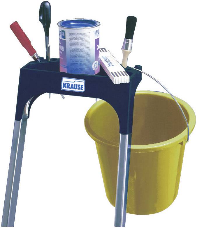 Un support d'outils de peintre avec des pinceaux, un pot de peinture et un seau jaune, monté sur un échafaudage d'échelle pliante avec le logo 'Krause'.
