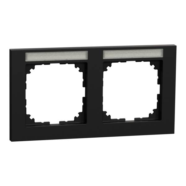 Cadre double en plastique noir pour prises électriques, de forme rectangulaire, avec espace pour deux modules et possibilité d'étiquetage en haut.