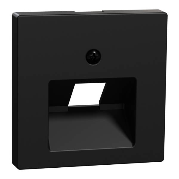 Cache-prise noir de forme carrée, avec une découpe centrale et un trou de vis en haut.