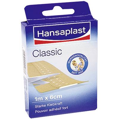 Emballage d'un pansement Hansaplast, série Classic, 1m x 6cm, avec une forte adhérence. Logo de marque 'Depuis 1922' visible.