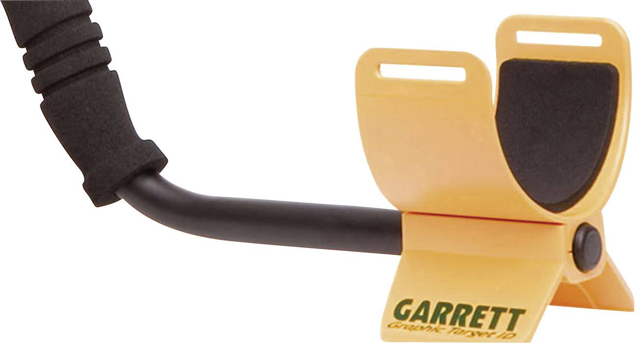Détecteur de métaux, support de bras en noir et jaune, portant l'inscription 'Garrett', conçu pour aider à maintenir l'appareil.