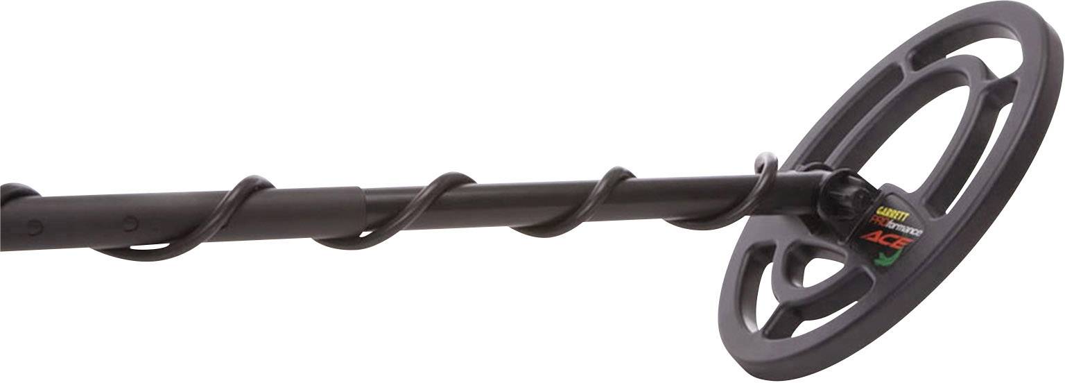 Détecteur de métaux avec bobine circulaire et câble incurvé, adapté à la recherche d'objets métalliques enfouis dans le sol.