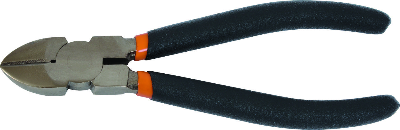 Une pince coupante en fil d'argent avec des poignées noires enrobées de caoutchouc et des accents orange. Adaptée pour couper des fils et des câbles.